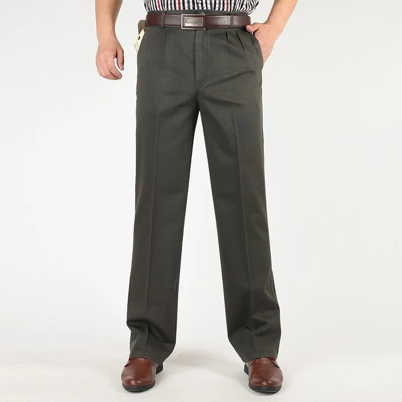 Men's Casual Trousers Men Pants Male Brand Solid Color High Waist Loose Pure Cotton Double Pleat Wrinkle Pant YGSHA65