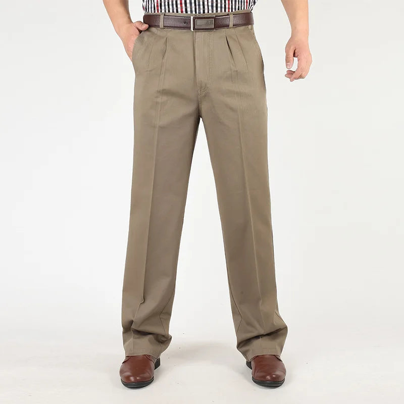 Men's Casual Trousers Men Pants Male Brand Solid Color High Waist Loose Pure Cotton Double Pleat Wrinkle Pant YGSHA65