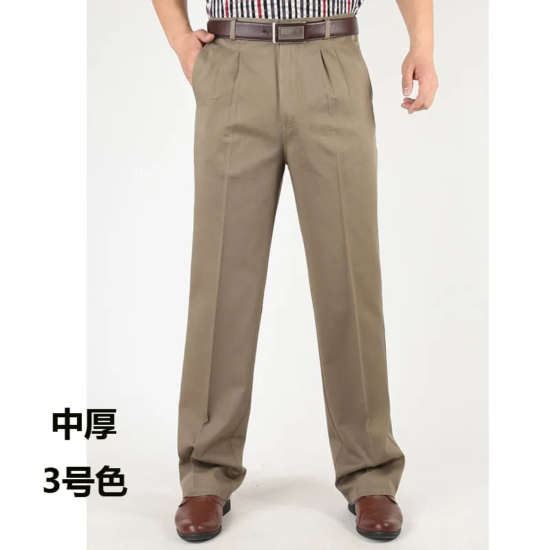 Men's Casual Trousers Men Pants Male Brand Solid Color High Waist Loose Pure Cotton Double Pleat Wrinkle Pant YGSHA65