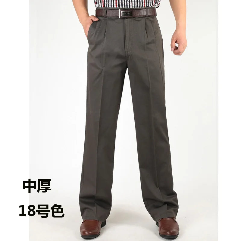 Men's Casual Trousers Men Pants Male Brand Solid Color High Waist Loose Pure Cotton Double Pleat Wrinkle Pant YGSHA65