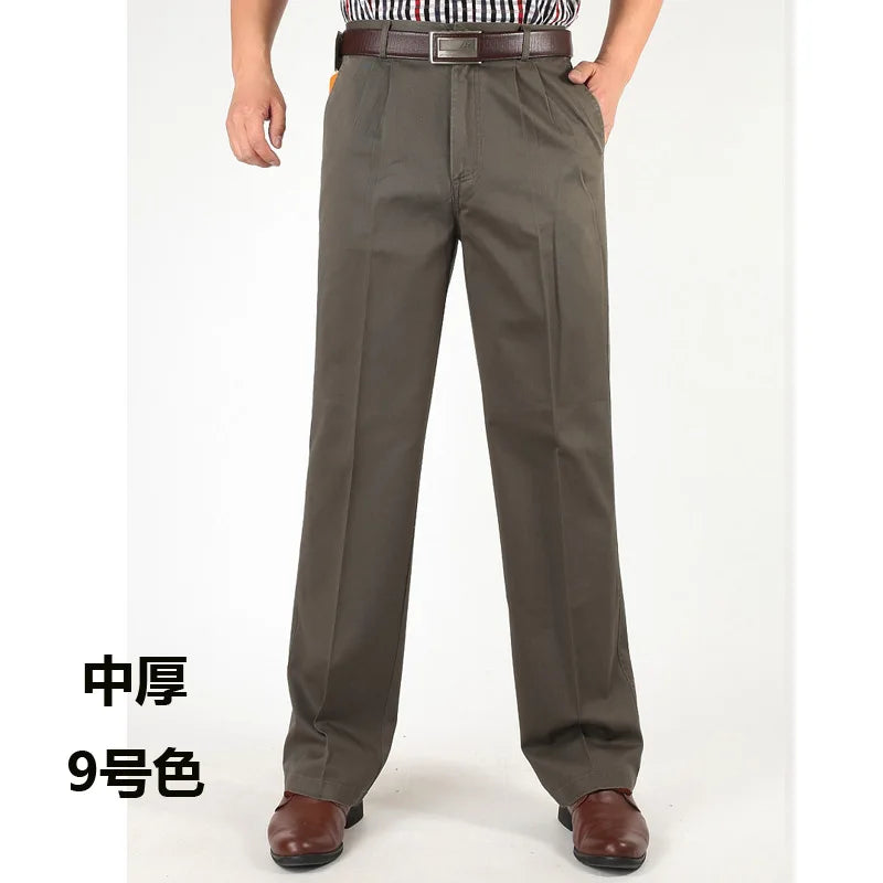 Men's Casual Trousers Men Pants Male Brand Solid Color High Waist Loose Pure Cotton Double Pleat Wrinkle Pant YGSHA65