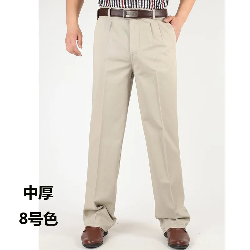 Men's Casual Trousers Men Pants Male Brand Solid Color High Waist Loose Pure Cotton Double Pleat Wrinkle Pant YGSHA65