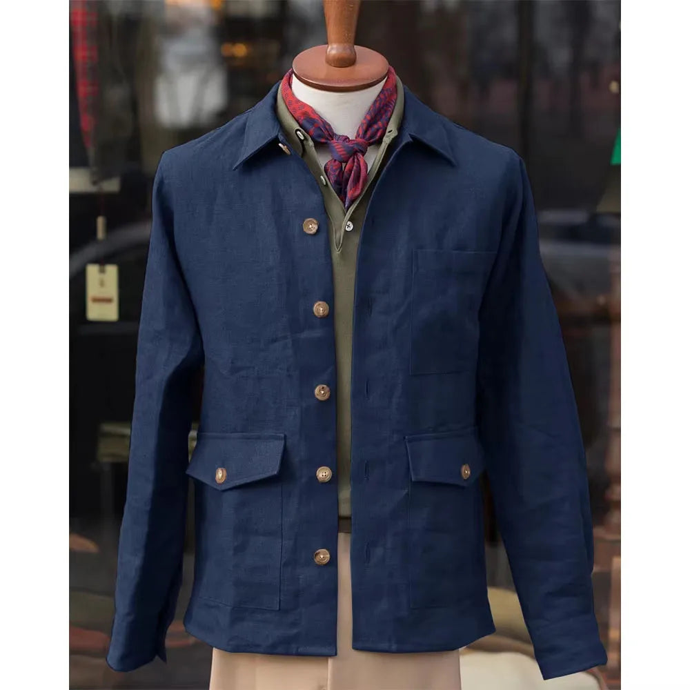 Vintage Men's Cotton Linen Safari Jacket Lapel Multiple Pockets Casual Breathable Lightweight  Beach Wedding Summer Spot Coat