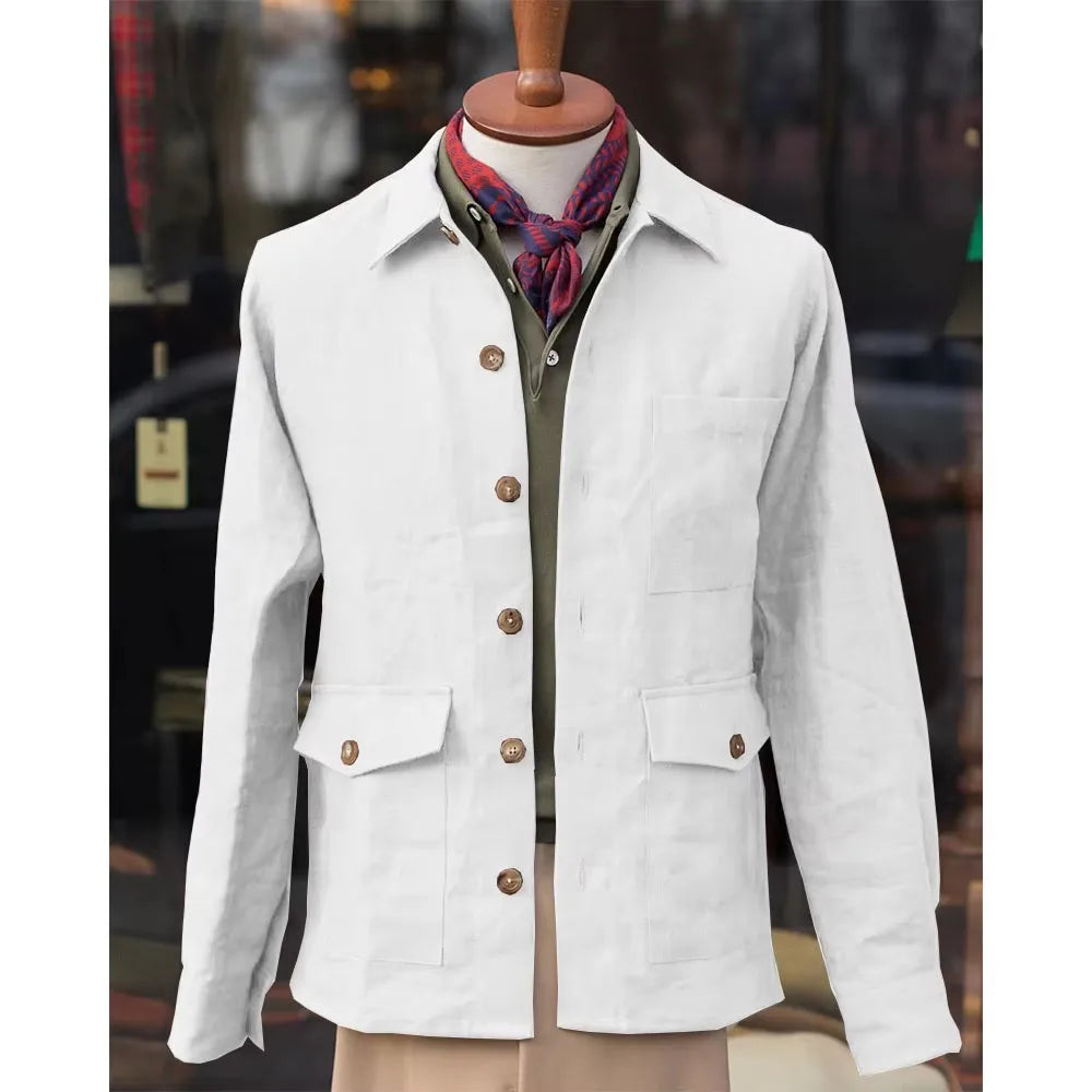 Vintage Men's Cotton Linen Safari Jacket Lapel Multiple Pockets Casual Breathable Lightweight  Beach Wedding Summer Spot Coat