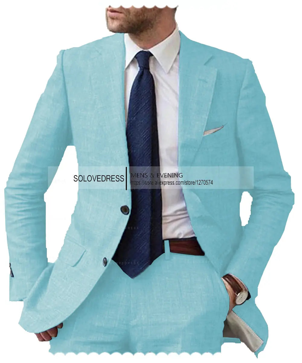 Men's 2-Piece Linen Suit Casual Slim Fit Vintage Suits Groomsmen