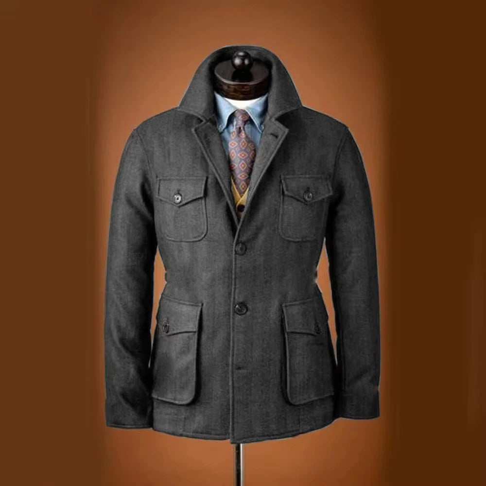 Men Woolen Blend Jacket Multi Flap Pockets Single Breasted Turn Down Collar Casual Outdoor Business Streetwear Outerwear