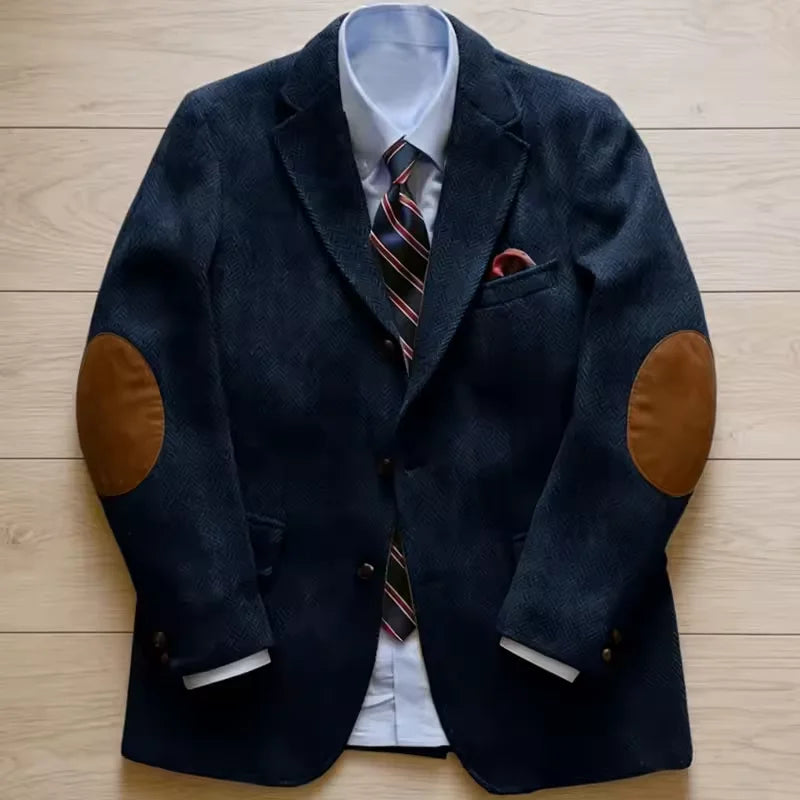 Men's Vintage Herringbone Tweed Blazer With Elbow Patch 2 Button Single Breasted Cotton Casual Slim Fit Business Jacket XS-7XL