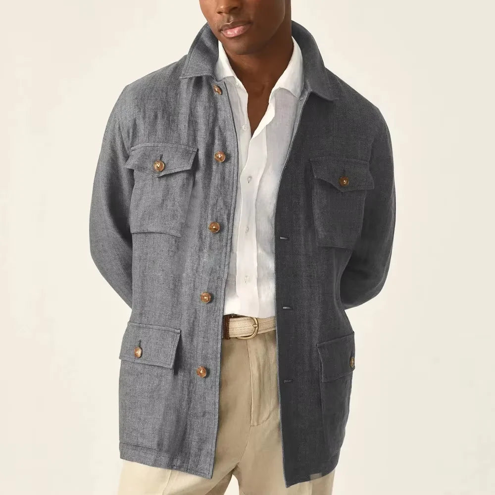 Men's Cotton Linen Safari Jacket Lapel Multiple Pockets Casual Breathable Lightweight Vintage Beach Wedding Summer Blazer