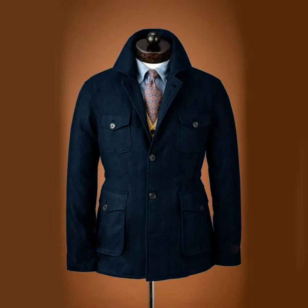 Men Woolen Blend Jacket Multi Flap Pockets Single Breasted Turn Down Collar Casual Outdoor Business Streetwear Outerwear