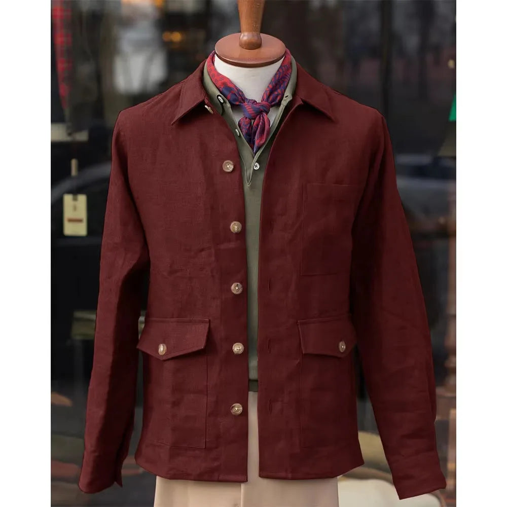 Vintage Men's Cotton Linen Safari Jacket Lapel Multiple Pockets Casual Breathable Lightweight  Beach Wedding Summer Spot Coat