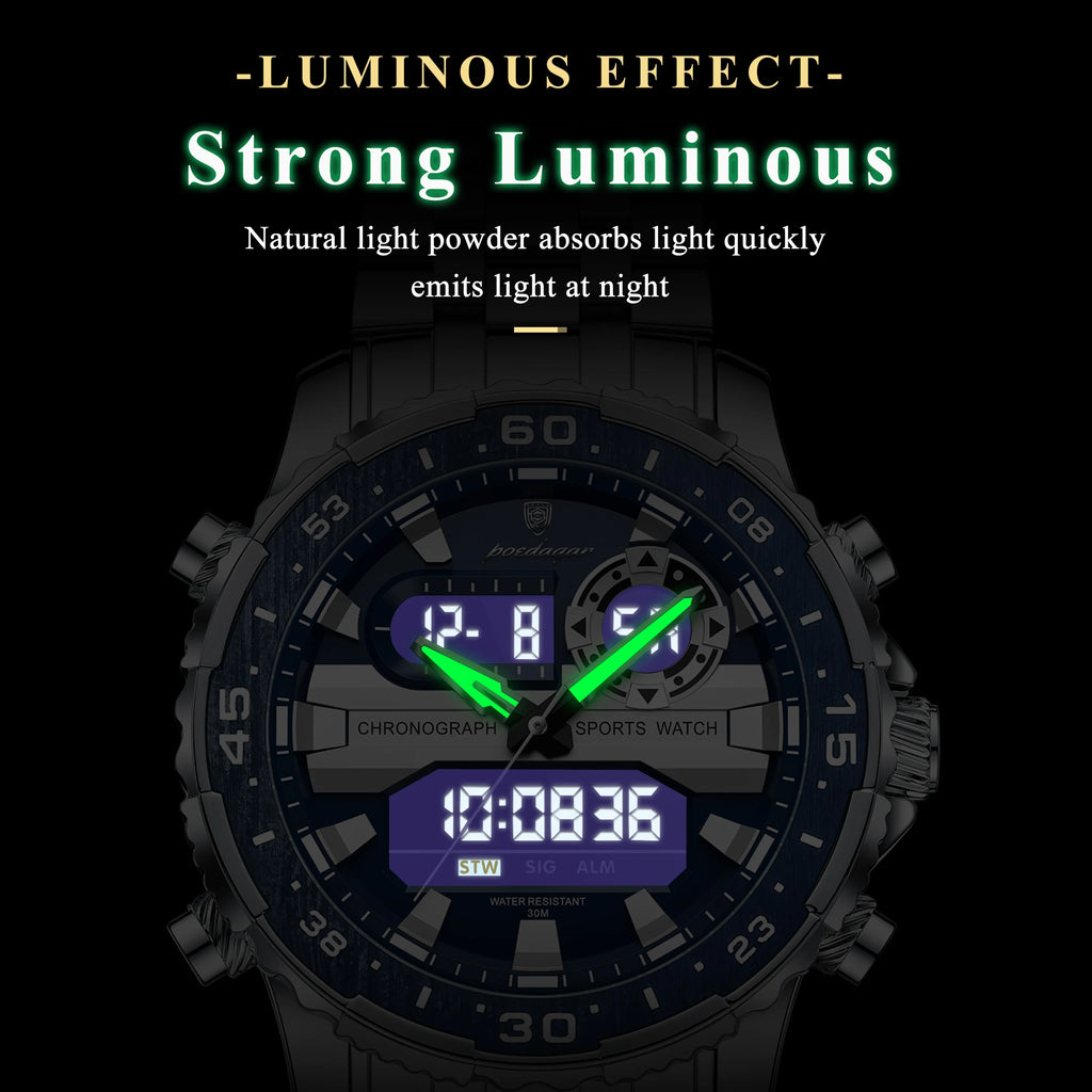 POEDAGAR Top LED Man Clock Waterproof Electronic Luxury Men's Watches Dual Time Display Digital Stainless Steel Men Quartz Watch