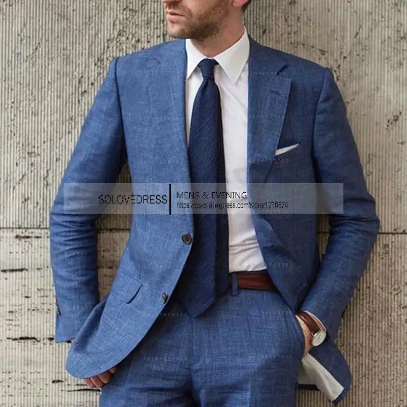 Men's 2-Piece Linen Suit Casual Slim Fit Vintage Suits Groomsmen
