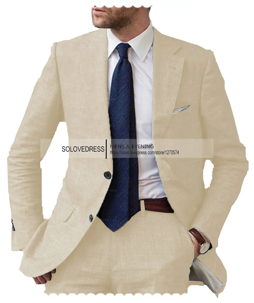 Men's 2-Piece Linen Suit Casual Slim Fit Vintage Suits Groomsmen