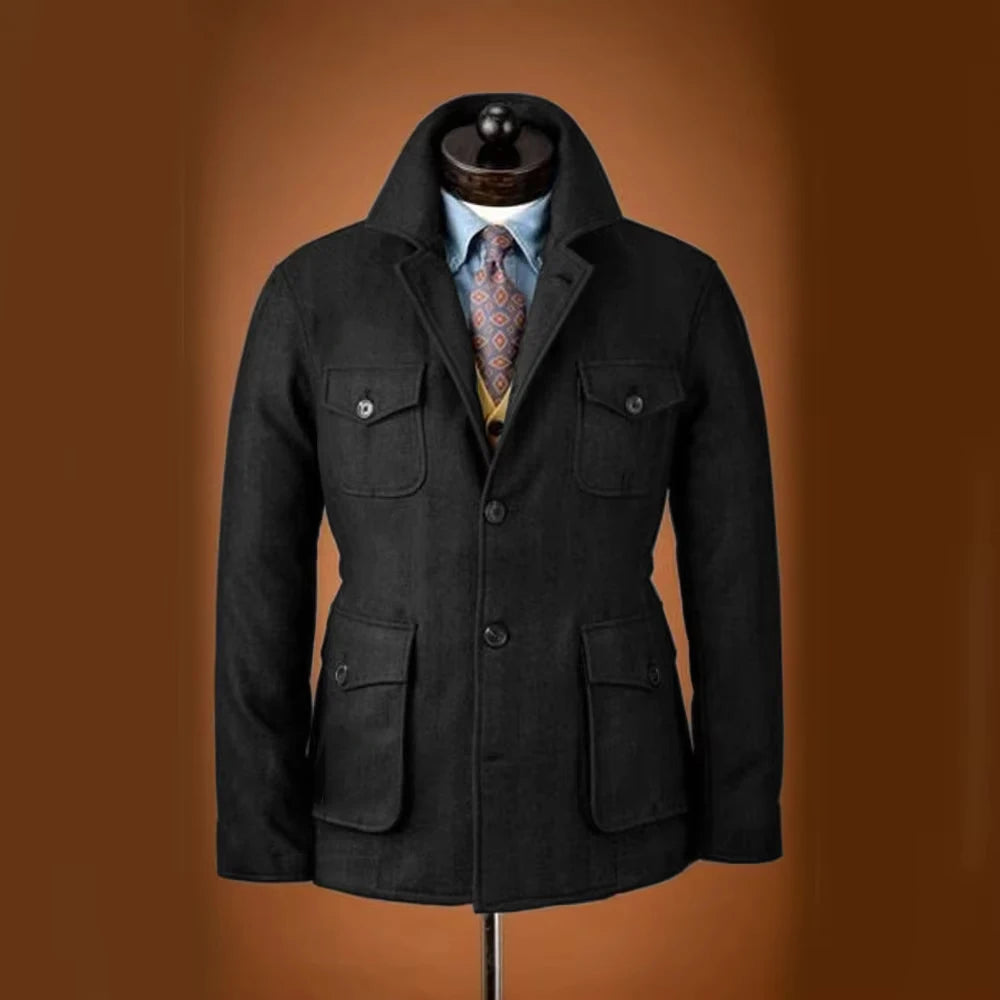 Men Woolen Blend Jacket Multi Flap Pockets Single Breasted Turn Down Collar Casual Outdoor Business Streetwear Outerwear