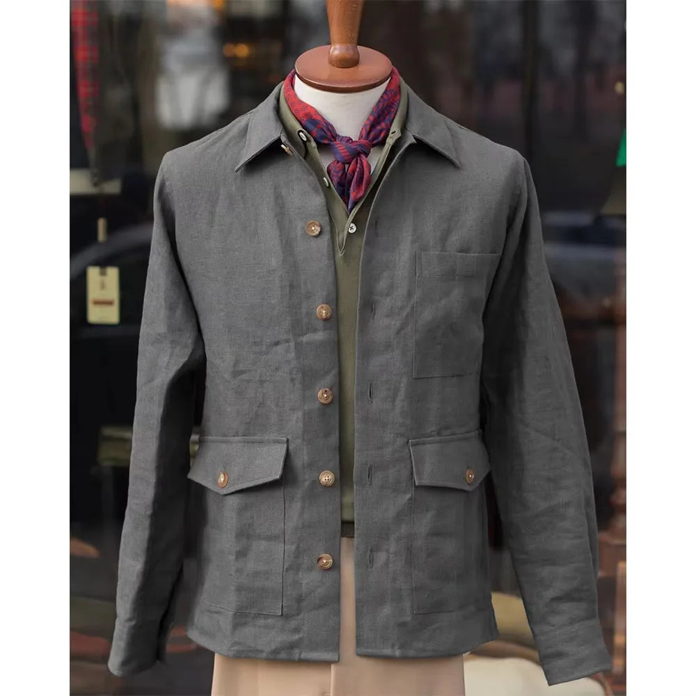 Vintage Men's Cotton Linen Safari Jacket Lapel Multiple Pockets Casual Breathable Lightweight  Beach Wedding Summer Spot Coat