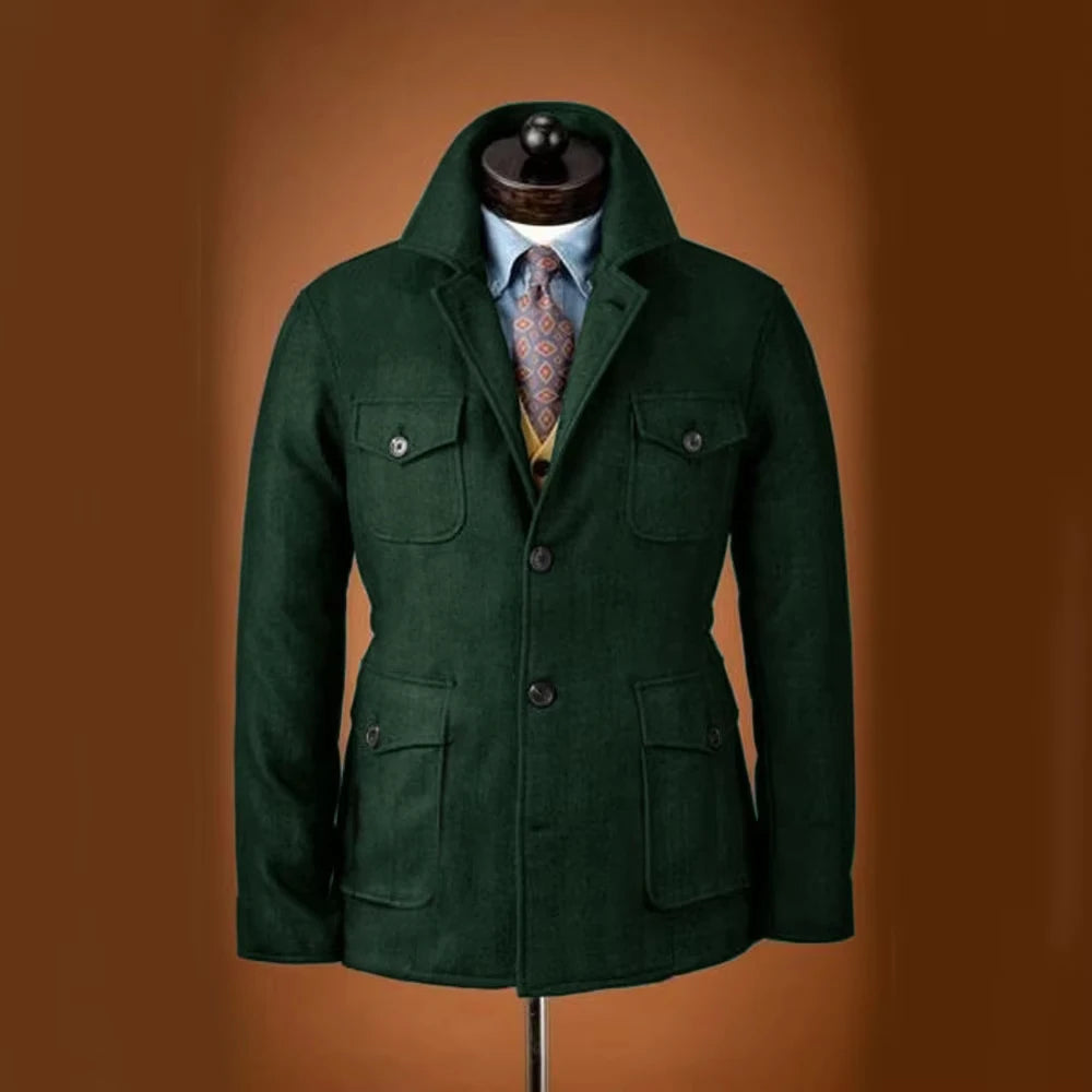 Men Woolen Blend Jacket Multi Flap Pockets Single Breasted Turn Down Collar Casual Outdoor Business Streetwear Outerwear