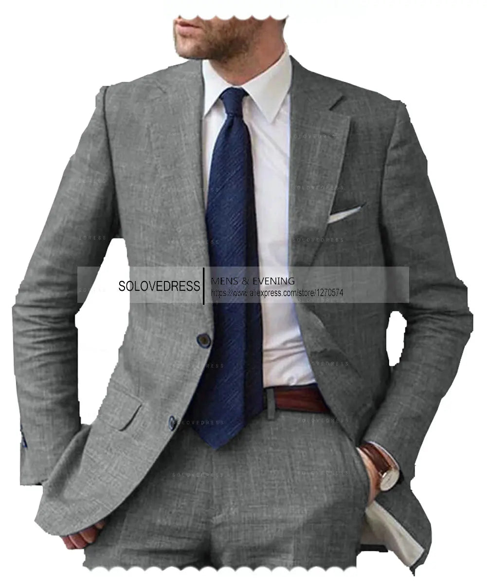 Men's 2-Piece Linen Suit Casual Slim Fit Vintage Suits Groomsmen