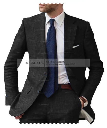 Men's 2-Piece Linen Suit Casual Slim Fit Vintage Suits Groomsmen