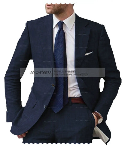 Men's 2-Piece Linen Suit Casual Slim Fit Vintage Suits Groomsmen
