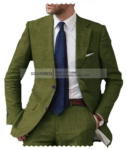 Men's 2-Piece Linen Suit Casual Slim Fit Vintage Suits Groomsmen