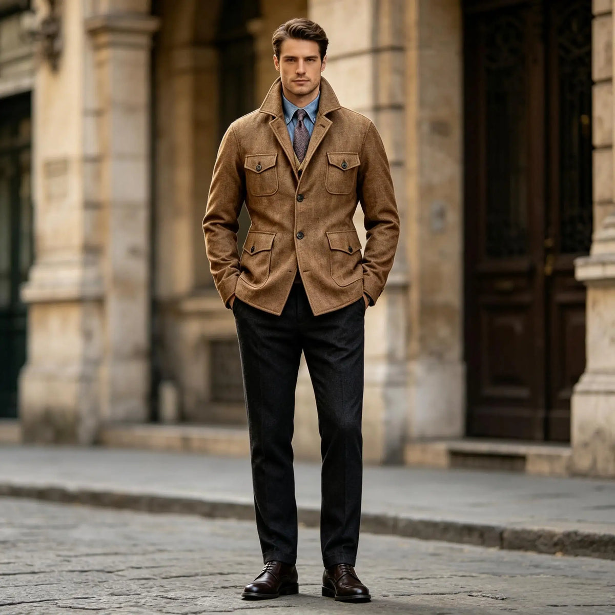 Men Woolen Blend Jacket Multi Flap Pockets Single Breasted Turn Down Collar Casual Outdoor Business Streetwear Outerwear
