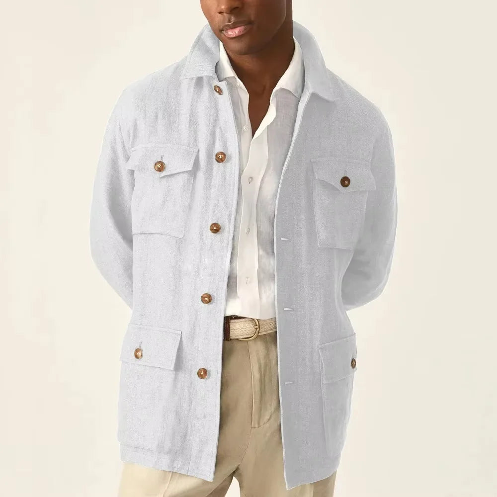 Men's Cotton Linen Safari Jacket Lapel Multiple Pockets Casual Breathable Lightweight Vintage Beach Wedding Summer Blazer