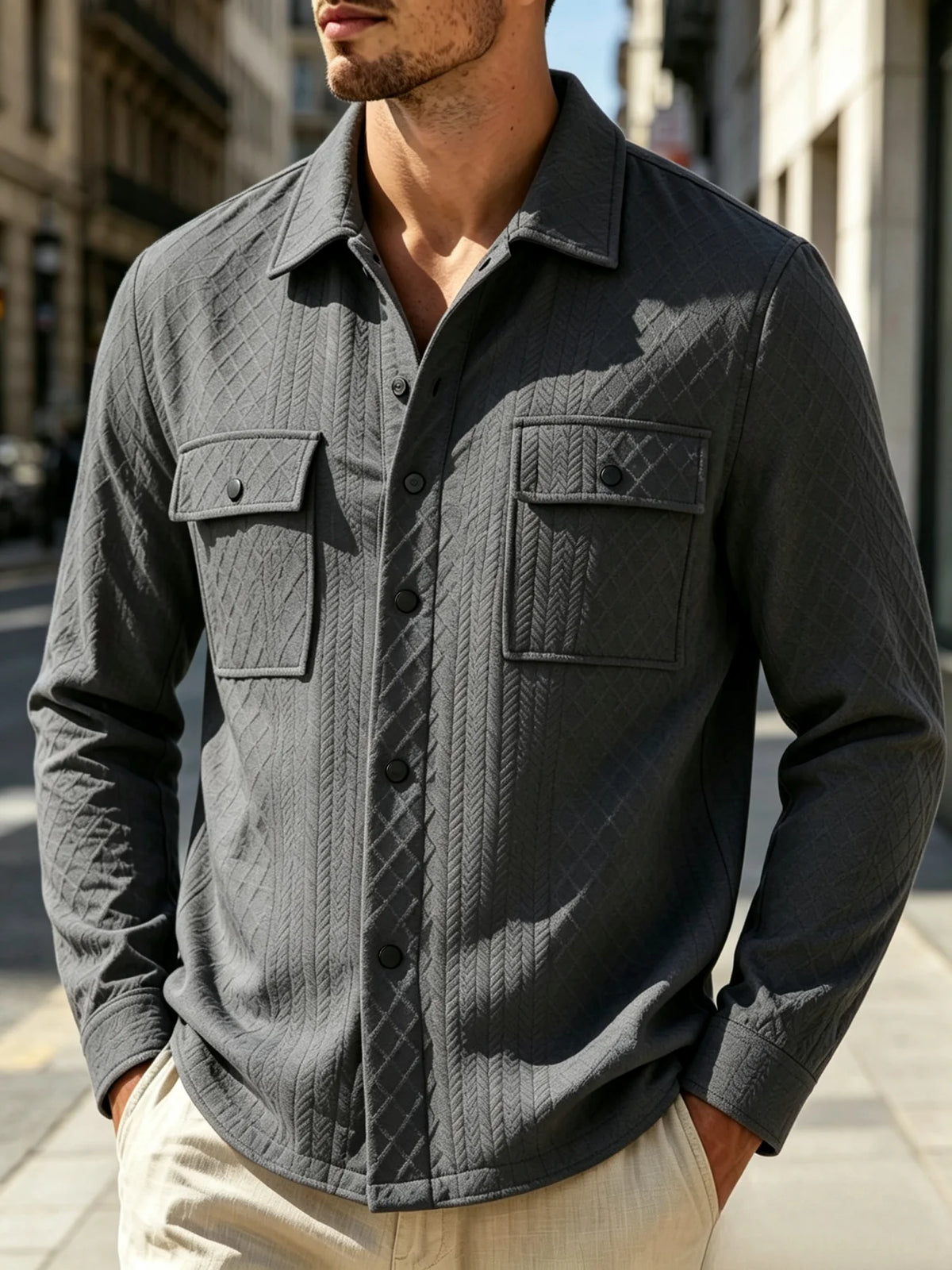 Mens Dobby Diamond Herringbone Textured Long Sleeve Shirt Jacket