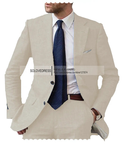 Men's 2-Piece Linen Suit Casual Slim Fit Vintage Suits Groomsmen