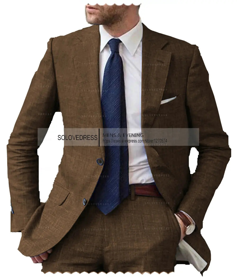 Men's 2-Piece Linen Suit Casual Slim Fit Vintage Suits Groomsmen