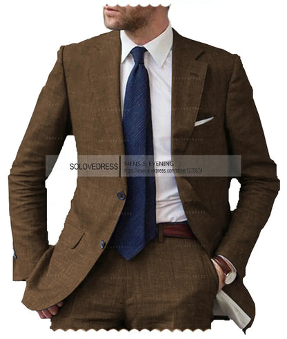 Men's 2-Piece Linen Suit Casual Slim Fit Vintage Suits Groomsmen