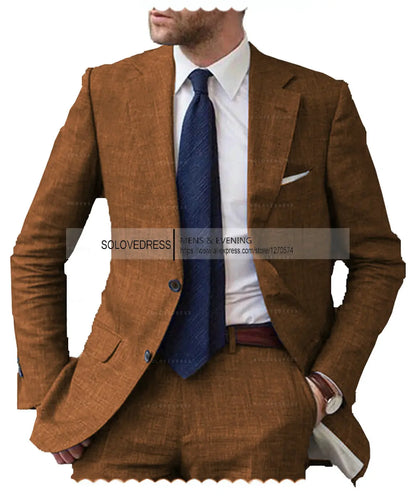 Men's 2-Piece Linen Suit Casual Slim Fit Vintage Suits Groomsmen