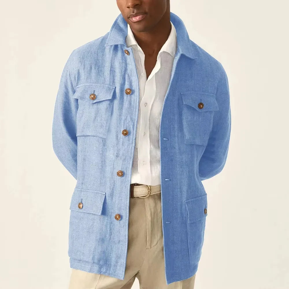 Men's Cotton Linen Safari Jacket Lapel Multiple Pockets Casual Breathable Lightweight Vintage Beach Wedding Summer Blazer