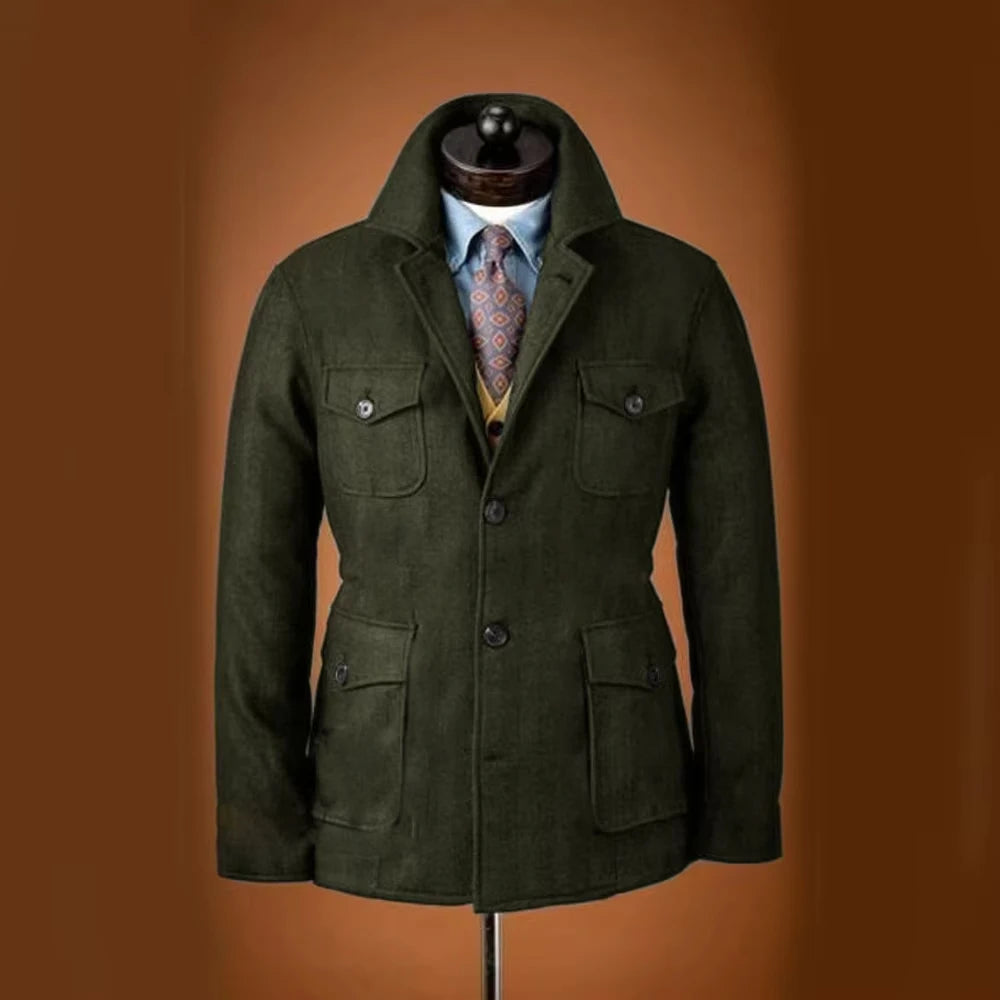 Men Woolen Blend Jacket Multi Flap Pockets Single Breasted Turn Down Collar Casual Outdoor Business Streetwear Outerwear