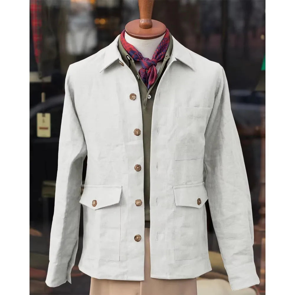 Vintage Men's Cotton Linen Safari Jacket Lapel Multiple Pockets Casual Breathable Lightweight  Beach Wedding Summer Spot Coat