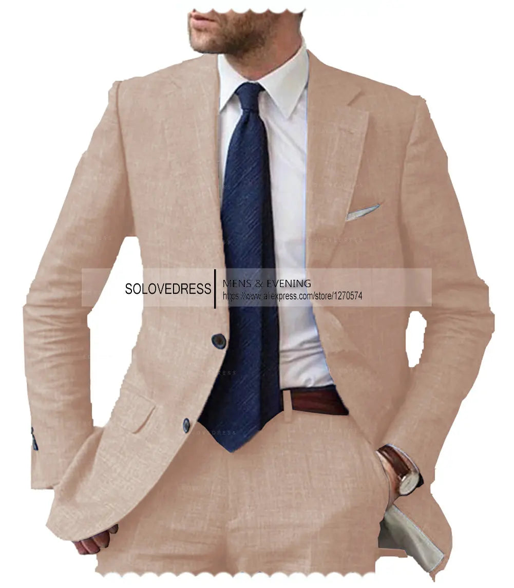 Men's 2-Piece Linen Suit Casual Slim Fit Vintage Suits Groomsmen