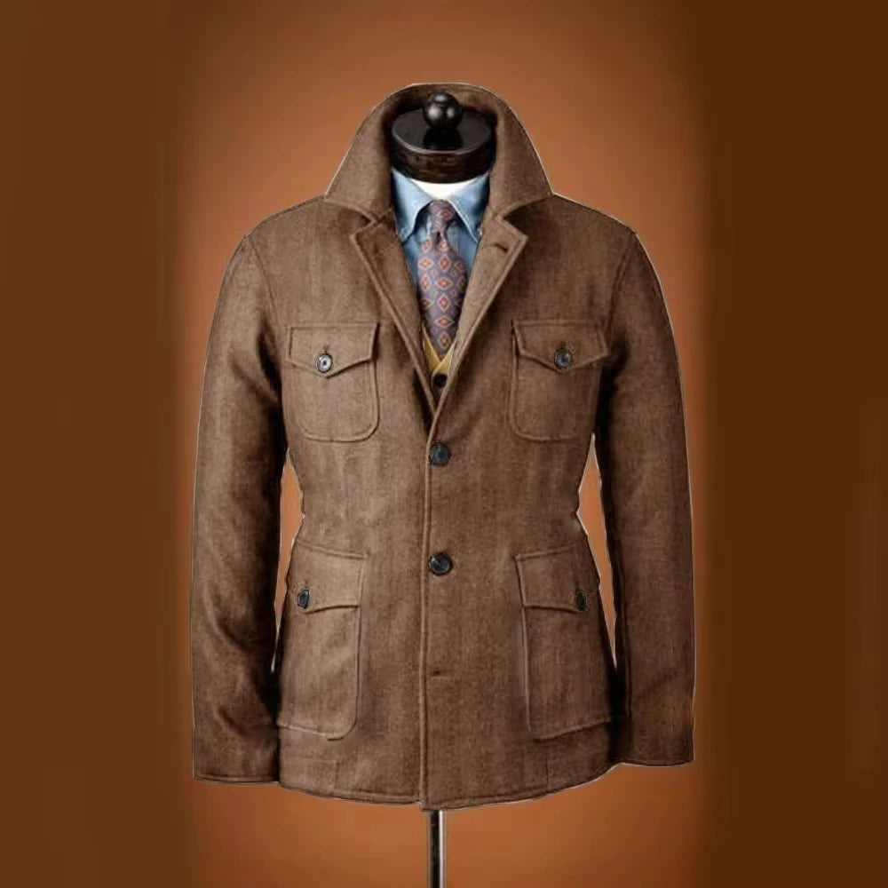 Men Woolen Blend Jacket Multi Flap Pockets Single Breasted Turn Down Collar Casual Outdoor Business Streetwear Outerwear