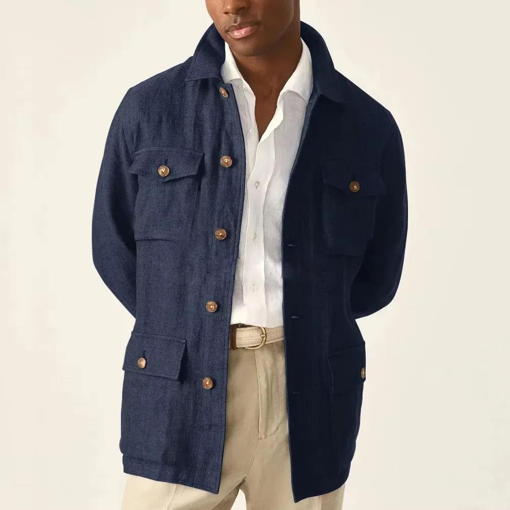 Men's Cotton Linen Safari Jacket Lapel Multiple Pockets Casual Breathable Lightweight Vintage Beach Wedding Summer Blazer