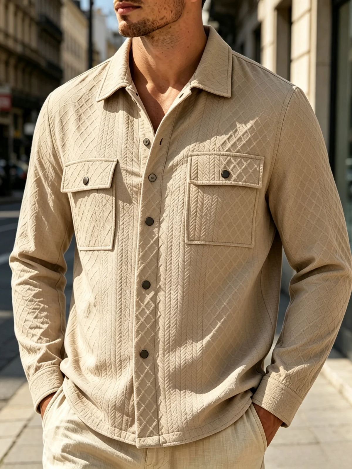 Mens Dobby Diamond Herringbone Textured Long Sleeve Shirt Jacket
