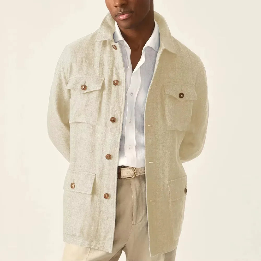 Men's Cotton Linen Safari Jacket Lapel Multiple Pockets Casual Breathable Lightweight Vintage Beach Wedding Summer Blazer