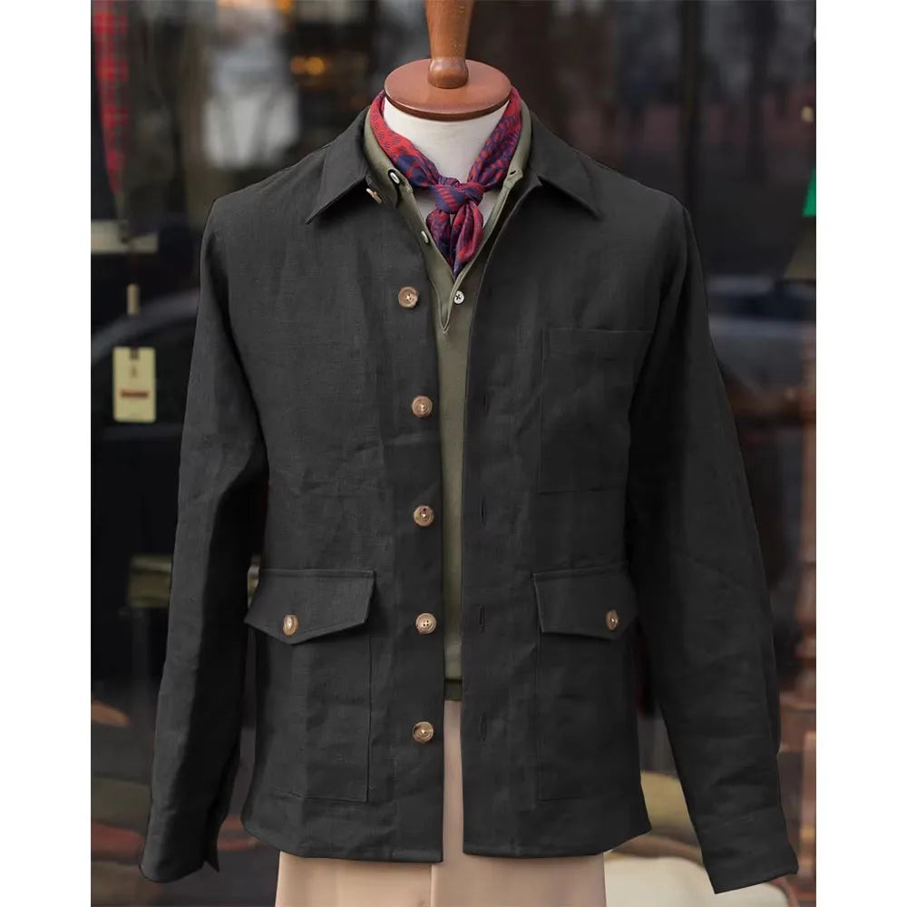 Vintage Men's Cotton Linen Safari Jacket Lapel Multiple Pockets Casual Breathable Lightweight  Beach Wedding Summer Spot Coat