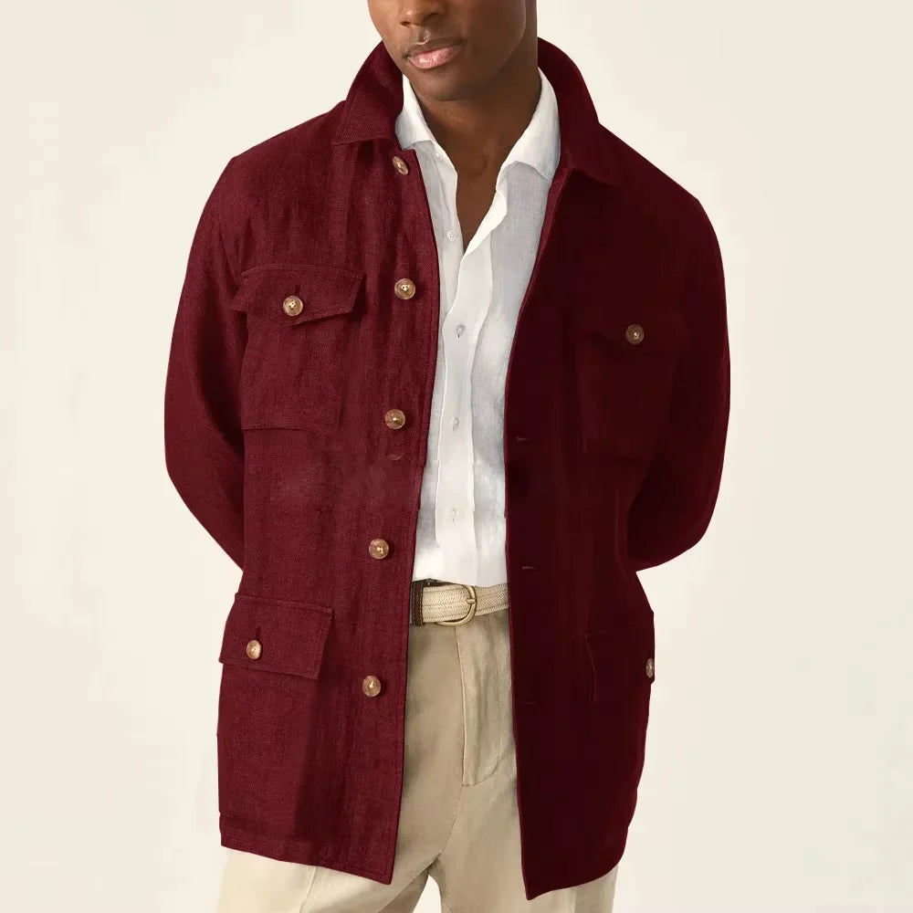 Men's Cotton Linen Safari Jacket Lapel Multiple Pockets Casual Breathable Lightweight Vintage Beach Wedding Summer Blazer
