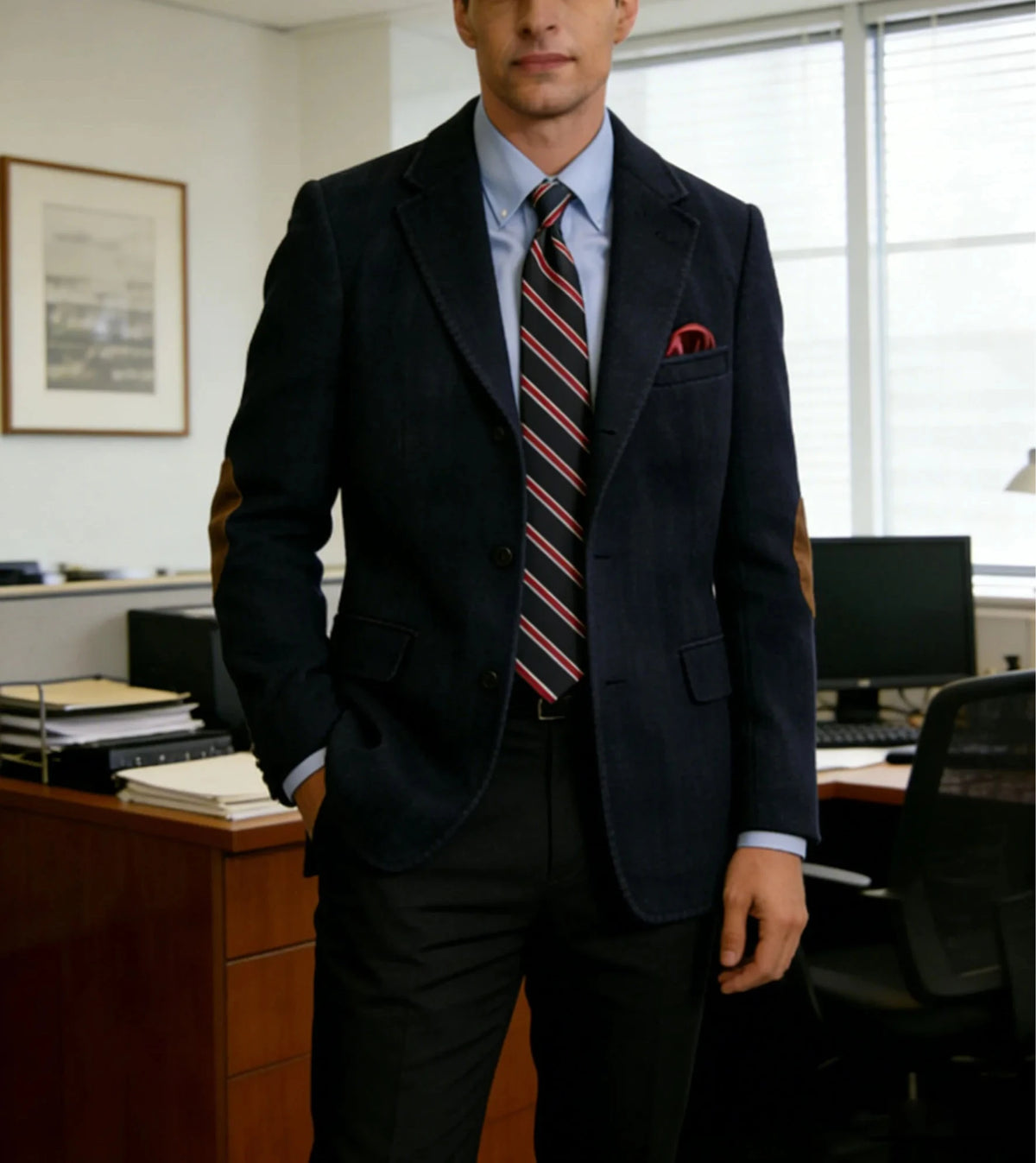Classic Men's Herringbone Tweed Blazer with Elbow Patches Single Breasted Retro Business Casual Jacket and pants 2 pieces