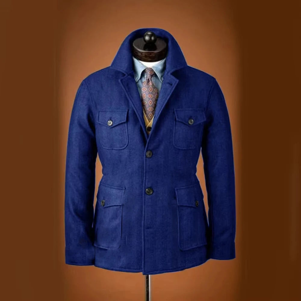 Men Woolen Blend Jacket Multi Flap Pockets Single Breasted Turn Down Collar Casual Outdoor Business Streetwear Outerwear
