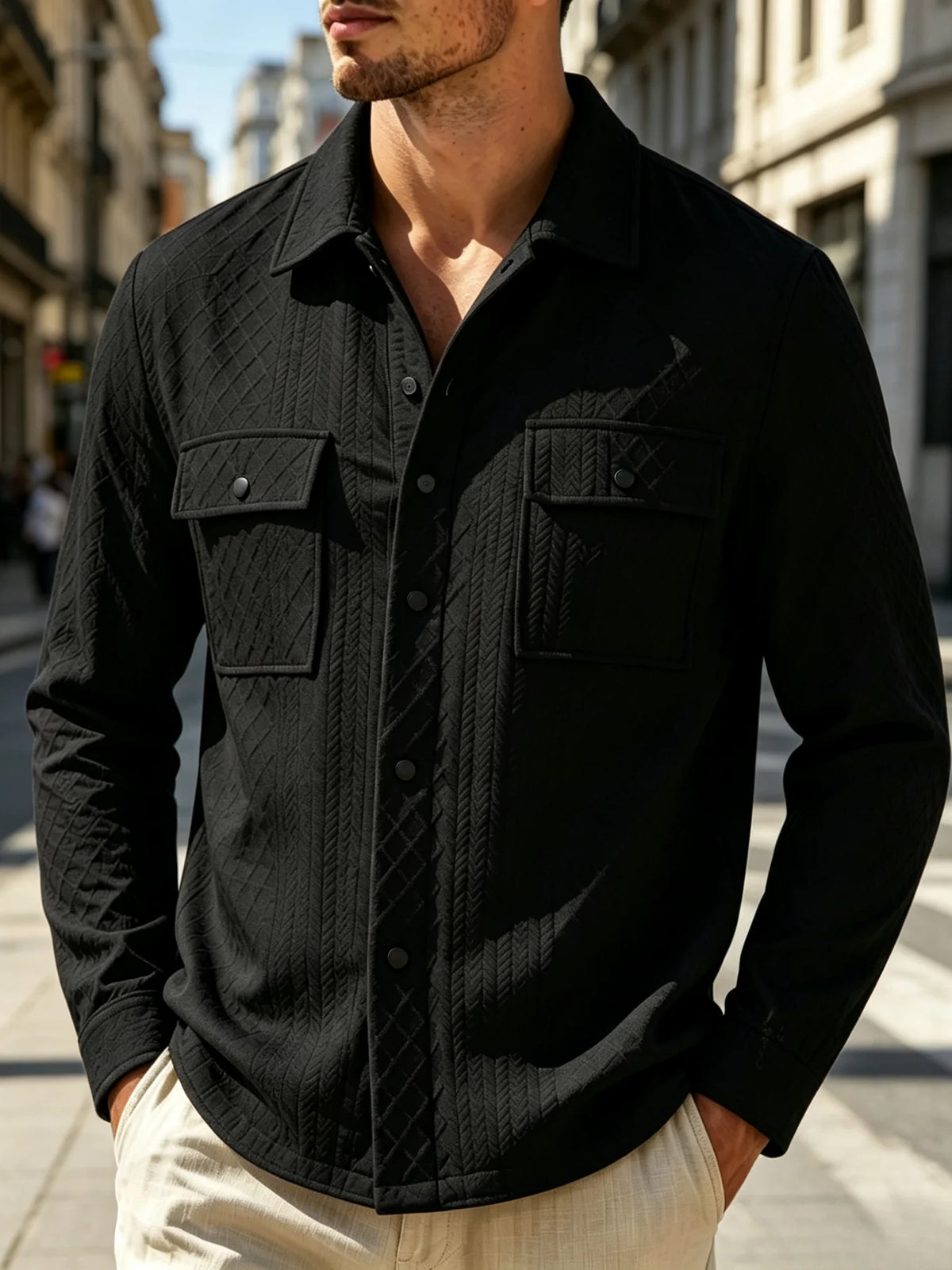 Mens Dobby Diamond Herringbone Textured Long Sleeve Shirt Jacket