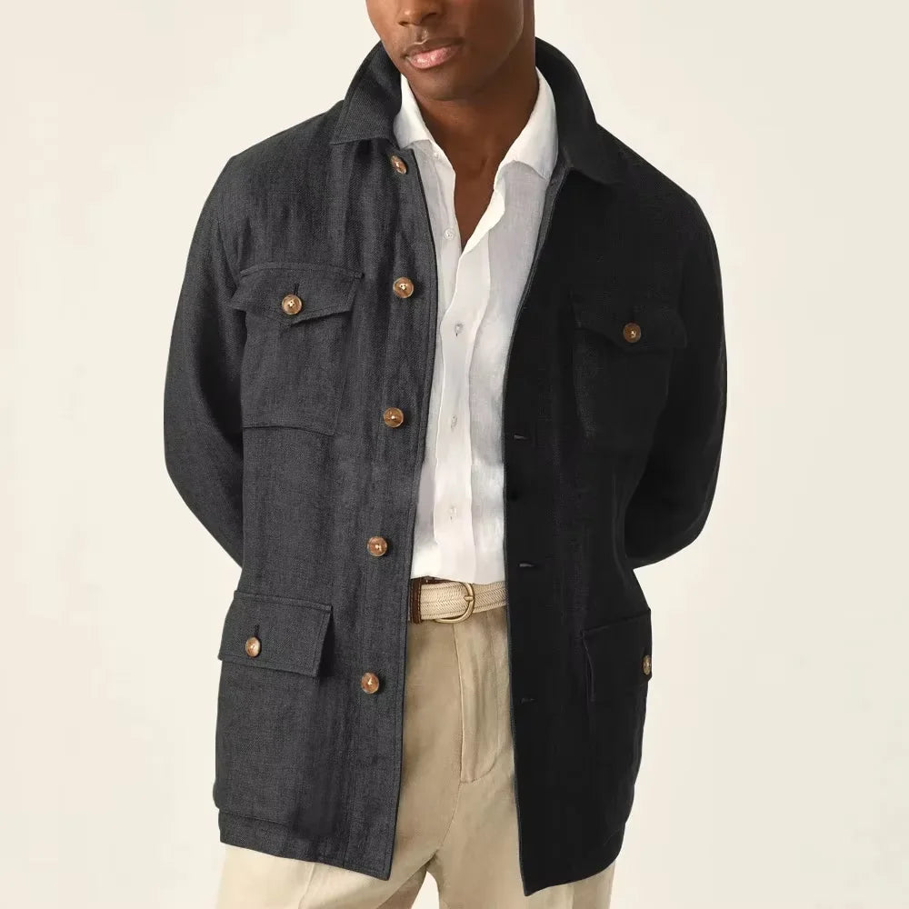 Men's Cotton Linen Safari Jacket Lapel Multiple Pockets Casual Breathable Lightweight Vintage Beach Wedding Summer Blazer