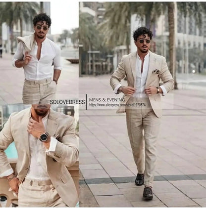 Men's 2-Piece Linen Suit Casual Slim Fit Vintage Suits Groomsmen