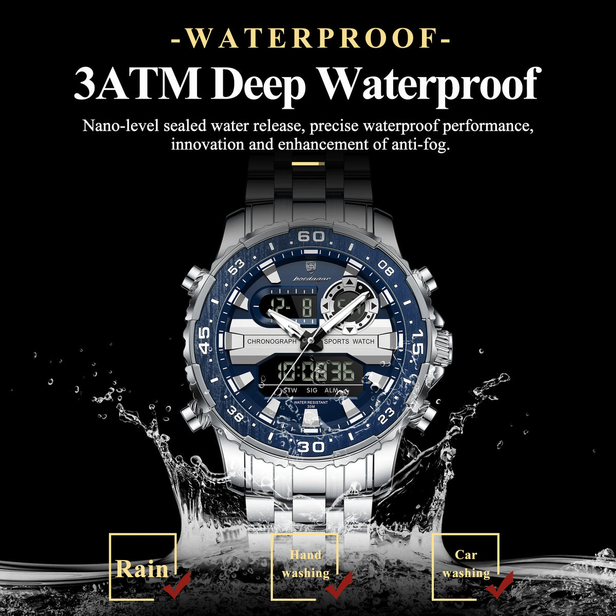 POEDAGAR Top LED Man Clock Waterproof Electronic Luxury Men's Watches Dual Time Display Digital Stainless Steel Men Quartz Watch
