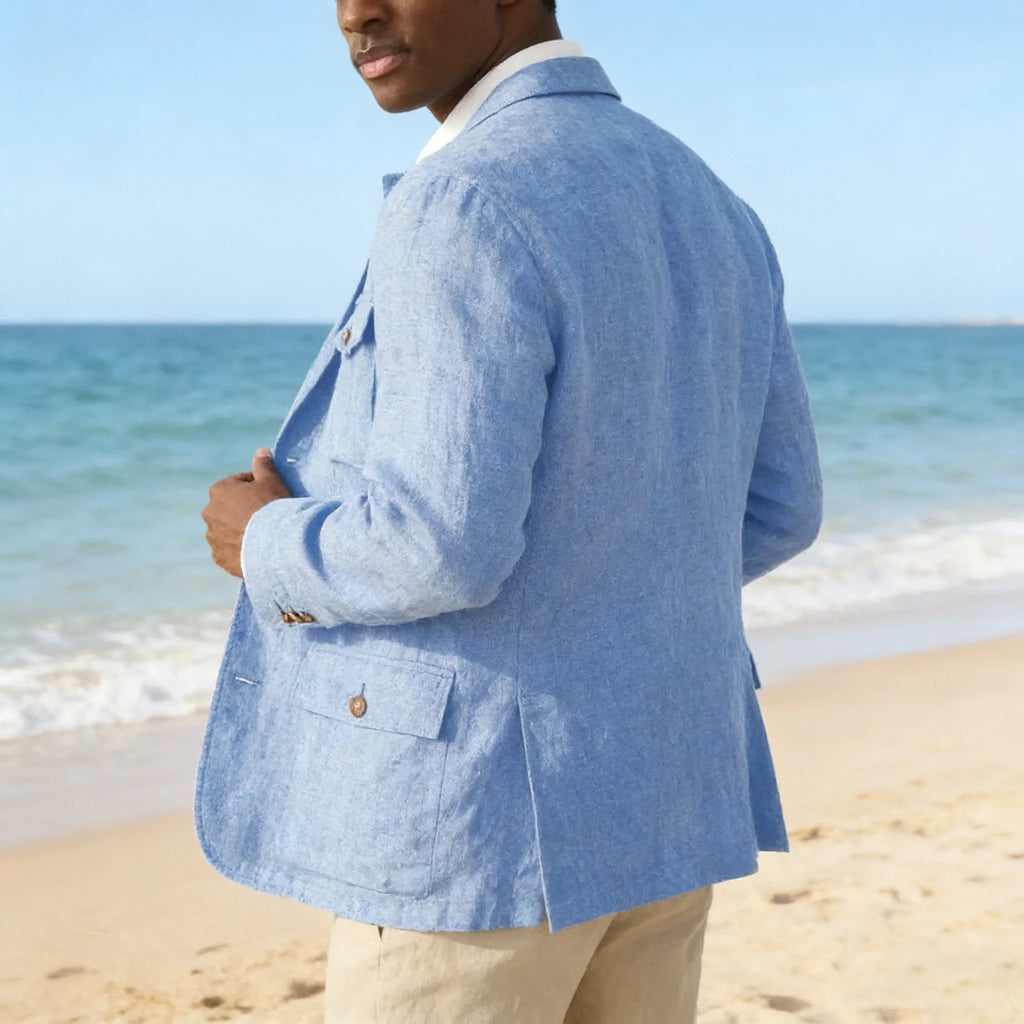 Men's Cotton Linen Safari Jacket Lapel Multiple Pockets Casual Breathable Lightweight Vintage Beach Wedding Summer Blazer