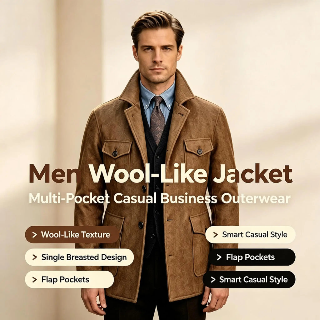 Men Woolen Blend Jacket Multi Flap Pockets Single Breasted Turn Down Collar Casual Outdoor Business Streetwear Outerwear