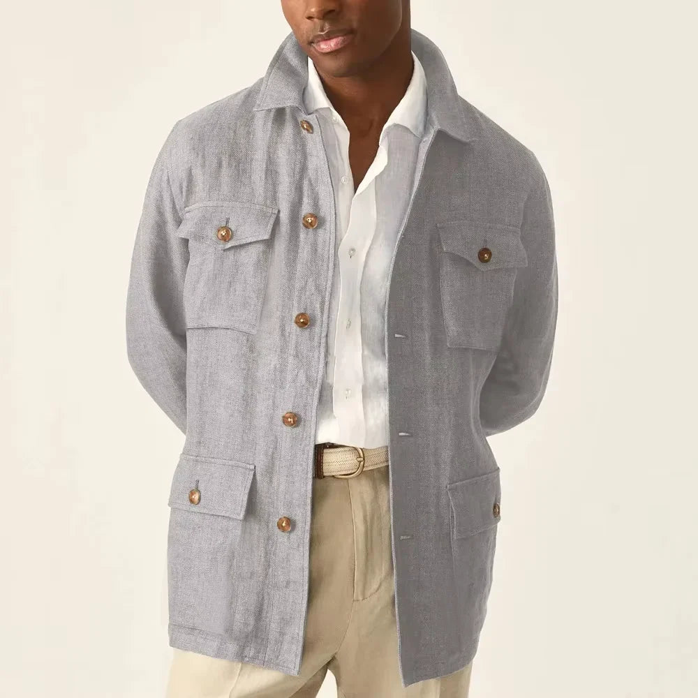 Men's Cotton Linen Safari Jacket Lapel Multiple Pockets Casual Breathable Lightweight Vintage Beach Wedding Summer Blazer